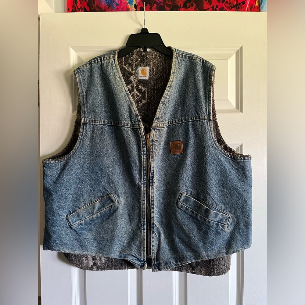 Vintage Carhartt Denim Vest Aztec Sherpa Lining L Rare